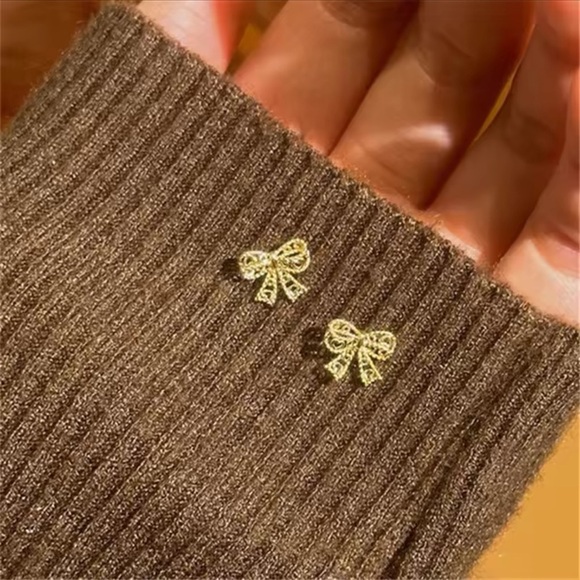 Gold Bow Earrings 925 Sterling Silver Plated Gold Bow Jewelry - Picture 3 of 4